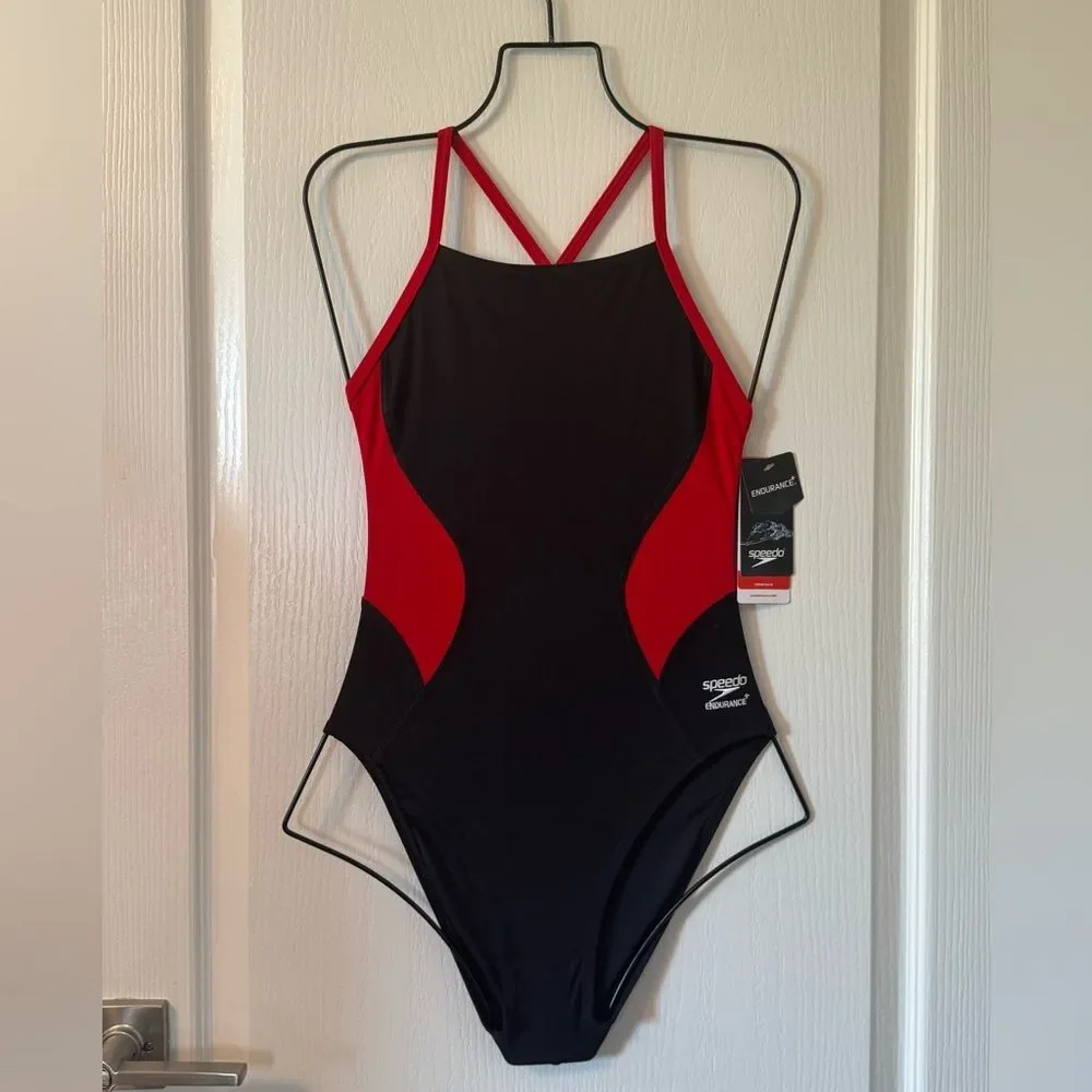 Speedo Women's Swimsuit One Piece Endurance+ Cross Back Black Red 28 NWT